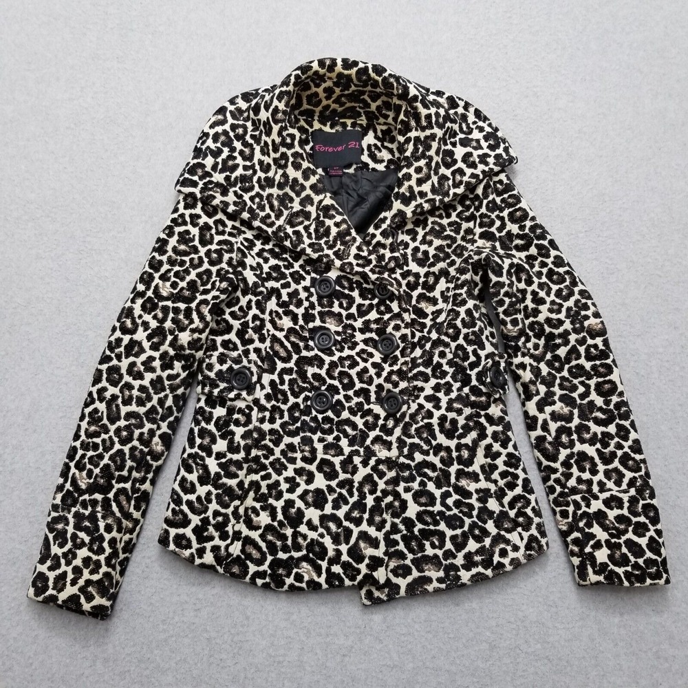 Forever 21 Jacket Womens Small Brown Leopard Print Buttons‎ Pockets Long Sleeve